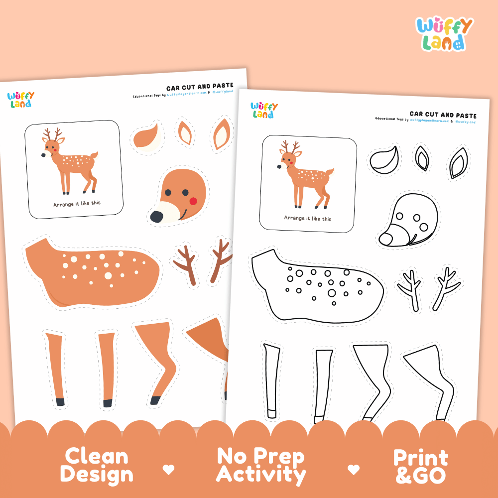 Deer Cut and Paste Craft and Coloring Pages Activity Worksheets