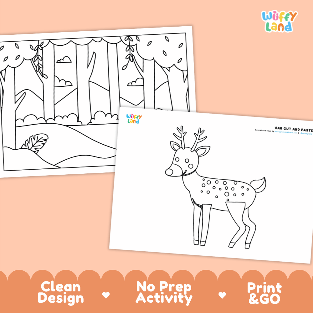 Deer Cut and Paste Craft and Coloring Pages Activity Worksheets