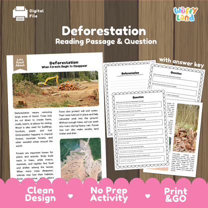 Deforestation reading comprehension passage and questions printable activity pack with answer key for elementary students