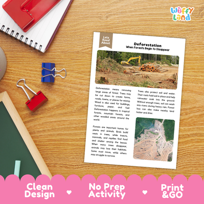 Student reading comprehension worksheet with short-answer questions and lined sections about deforestation