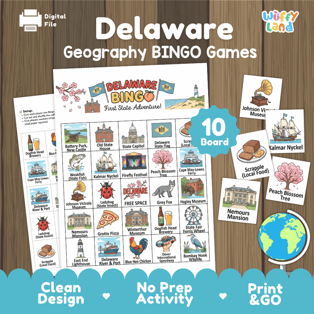 Delaware Geography BINGO Game The First State Activity Printable Boards
