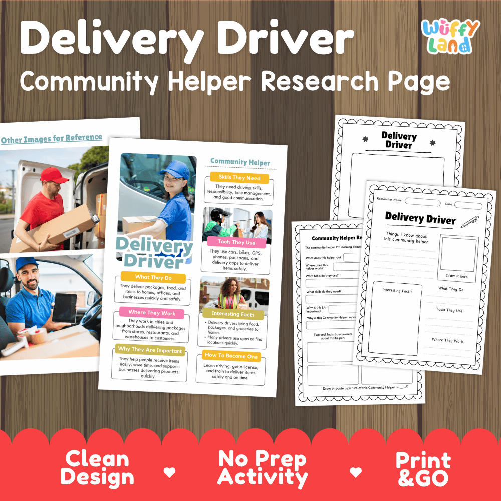 Delivery driver community helper research page writing worksheets pack featuring real photos and student activity pages for elementary social studies