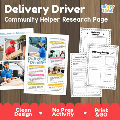Delivery driver community helper research page writing worksheets pack featuring real photos and student activity pages for elementary social studies