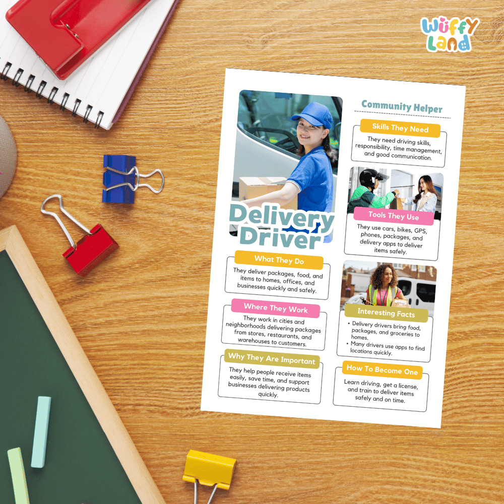 Guided student writing worksheets with lined sections for recording facts and a dedicated box for drawing or pasting a picture of a delivery driver