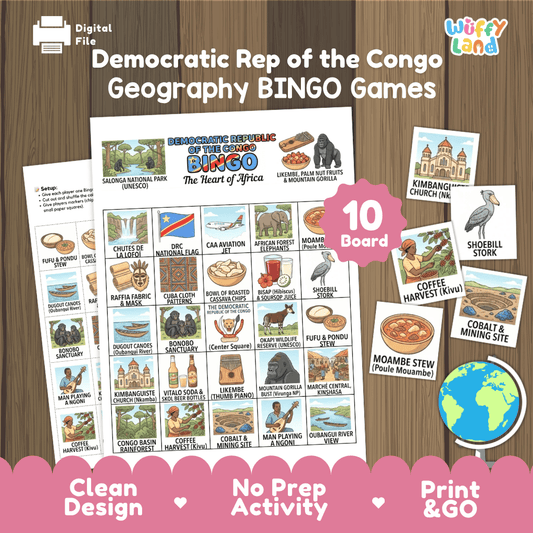Democratic Republic of the Congo Geography BINGO Games Printable Country Study Activity Cards