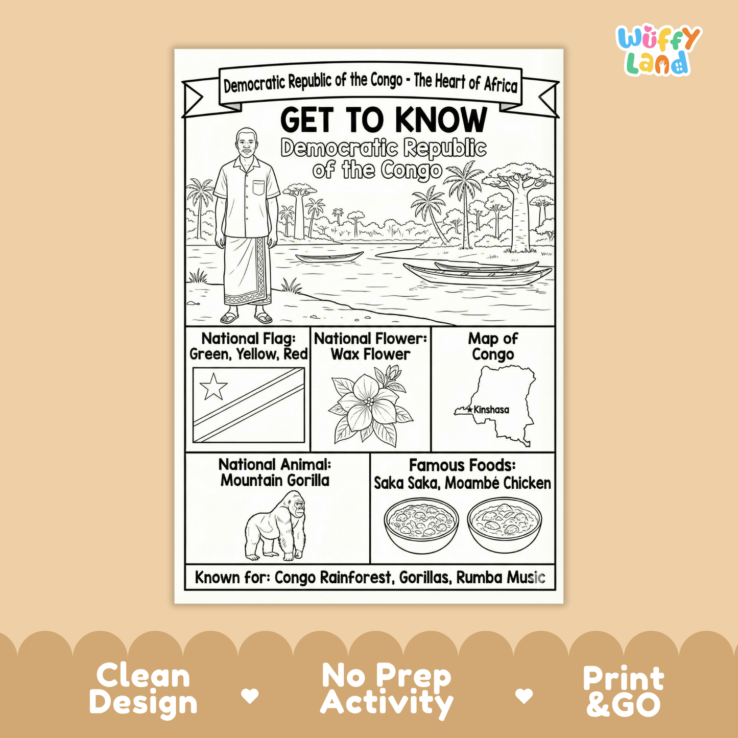 Democratic Republic of the Congo Country Study Geography Coloring Page Worksheet