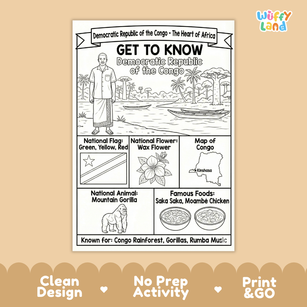 Democratic Republic of the Congo Geography Coloring Poster and Fact Sheet Printable Worksheets