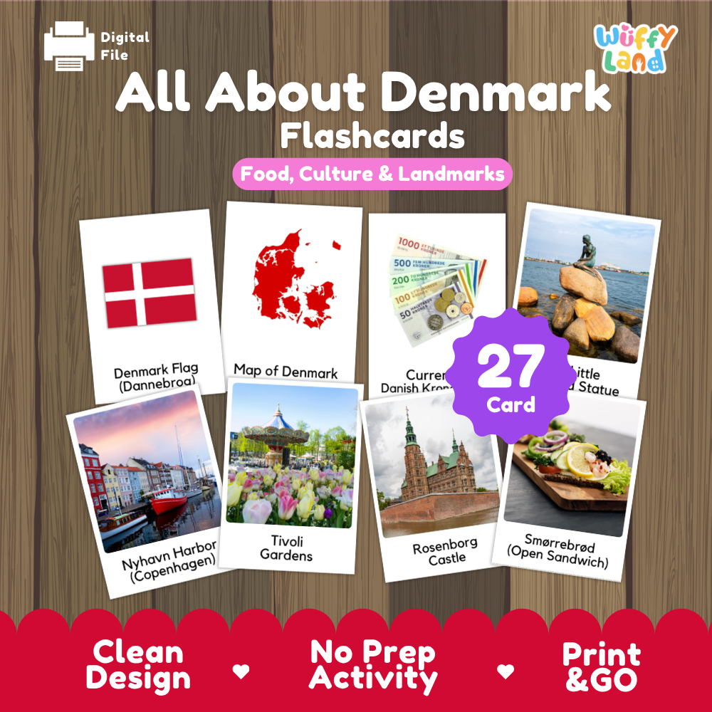 Denmark architectural coloring pages paired with photo flashcards of Nyhavn Harbor, Little Mermaid Statue, Rosenborg Castle, and Smorrebrod