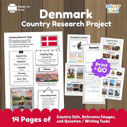 Student country research worksheet on Denmark featuring Dannebrog flag, Copenhagen capital facts, climate, and geography map