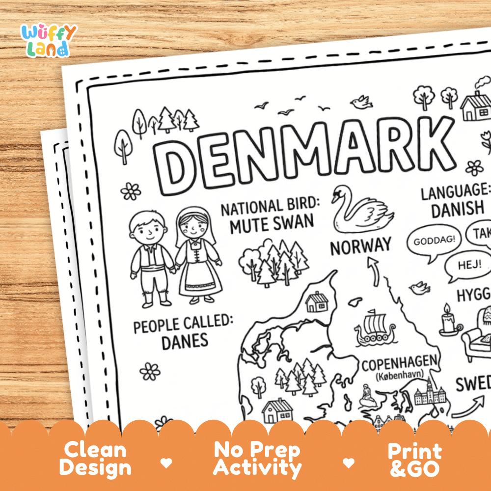 Cultural coloring page featuring traditional Danish folk costume characters, hygge concept, pastries, and Danish greetings