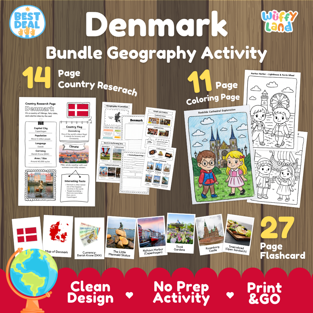 Denmark geography activity bundle cover showing 14 country research pages, 11 coloring pages, and 27 photo flashcards