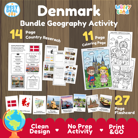 Denmark geography activity bundle cover showing 14 country research pages, 11 coloring pages, and 27 photo flashcards