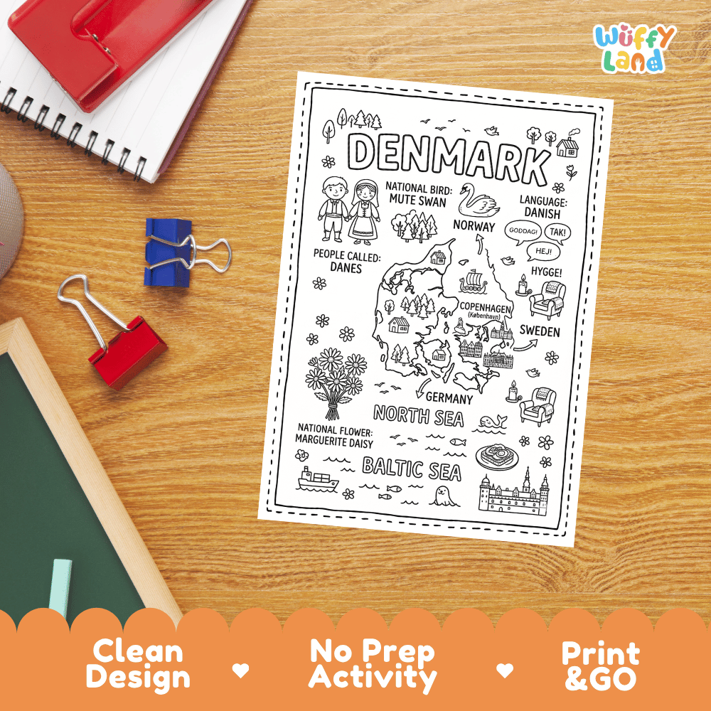 Doodle map coloring sheet showing Denmark's capital Copenhagen, North Sea, Baltic Sea, and neighboring countries