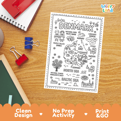 Doodle map coloring sheet showing Denmark's capital Copenhagen, North Sea, Baltic Sea, and neighboring countries