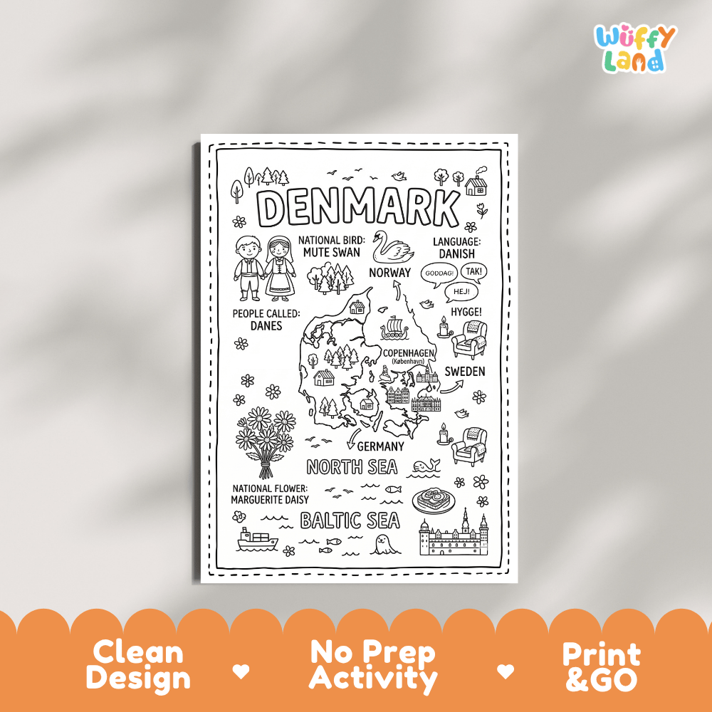 Educational activity coloring page highlighting Denmark's national bird the Mute Swan and national flower Marguerite Daisy