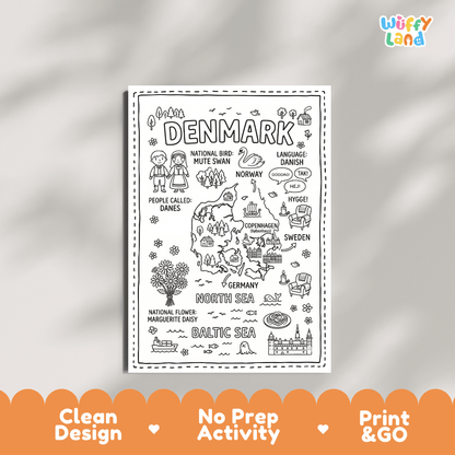 Educational activity coloring page highlighting Denmark's national bird the Mute Swan and national flower Marguerite Daisy