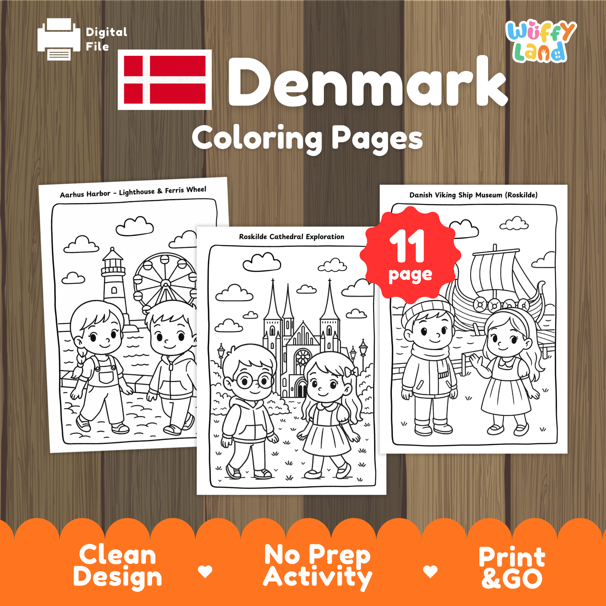 Black-and-white Denmark-themed coloring pages featuring children exploring Danish landmarks, including Aarhus Harbor with a lighthouse and Ferris wheel, Roskilde Cathedral, and the Danish Viking Ship Museum. The set includes 11 printable activity sheets for kids