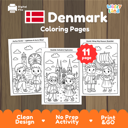 Black-and-white Denmark-themed coloring pages featuring children exploring Danish landmarks, including Aarhus Harbor with a lighthouse and Ferris wheel, Roskilde Cathedral, and the Danish Viking Ship Museum. The set includes 11 printable activity sheets for kids