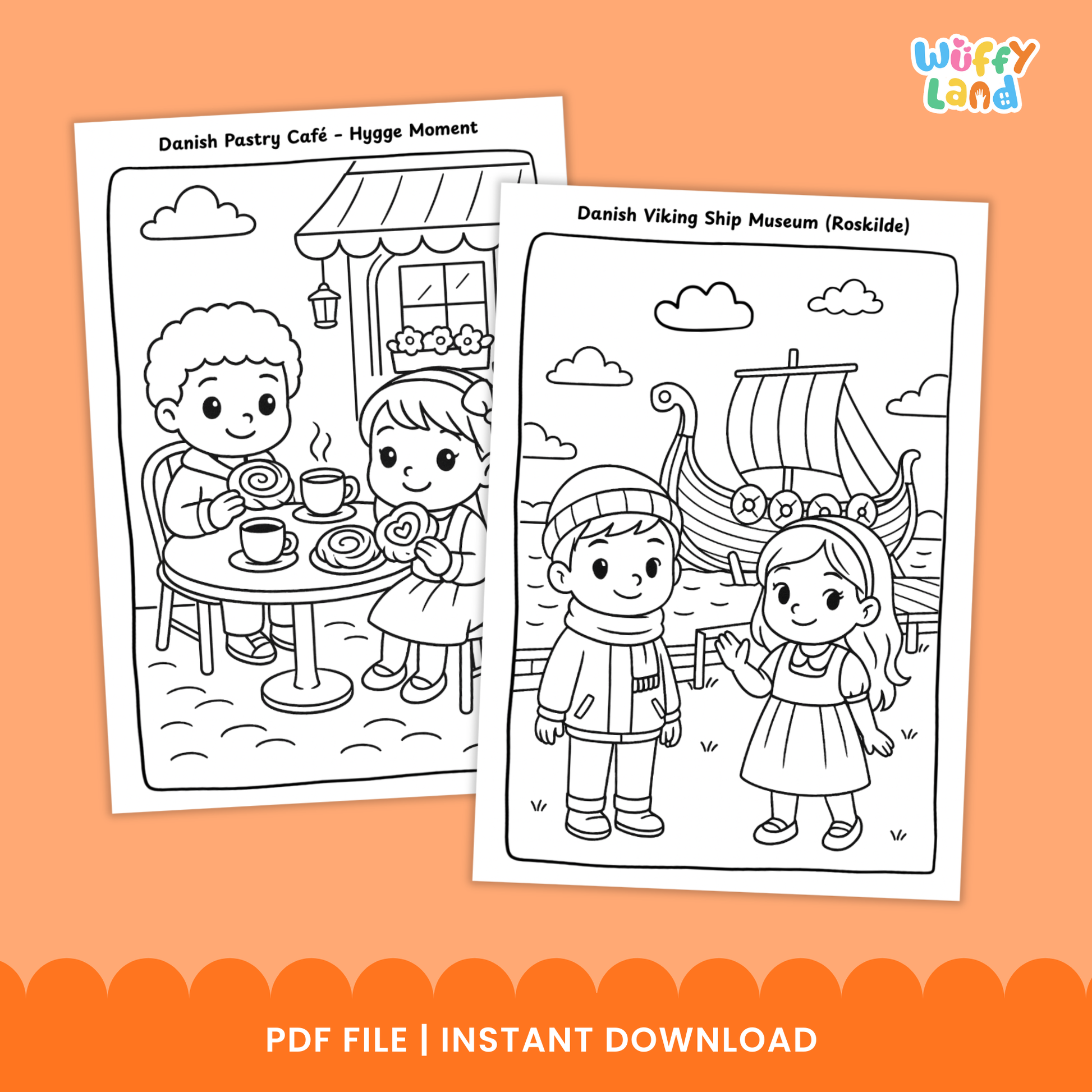 Black-and-white Denmark-themed coloring pages featuring children exploring Danish landmarks, including Aarhus Harbor with a lighthouse and Ferris wheel, Roskilde Cathedral, and the Danish Viking Ship Museum. The set includes 11 printable activity sheets for kids.