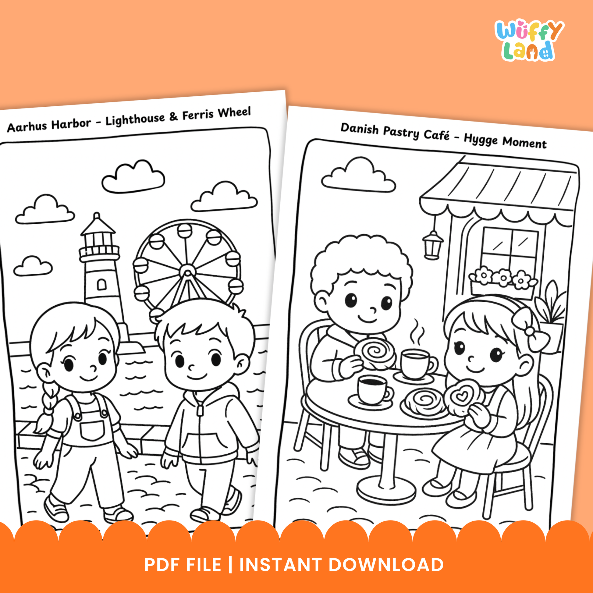 Black-and-white Denmark-themed coloring pages featuring children exploring Danish landmarks, including Aarhus Harbor with a lighthouse and Ferris wheel, Roskilde Cathedral, and the Danish Viking Ship Museum. The set includes 11 printable activity sheets for kids