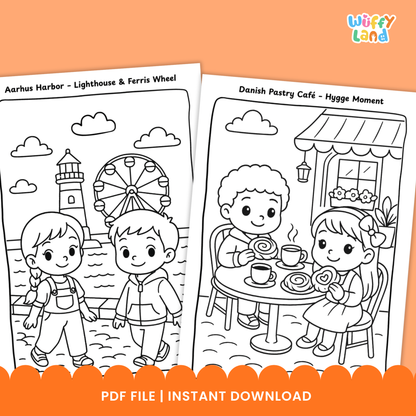 Black-and-white Denmark-themed coloring pages featuring children exploring Danish landmarks, including Aarhus Harbor with a lighthouse and Ferris wheel, Roskilde Cathedral, and the Danish Viking Ship Museum. The set includes 11 printable activity sheets for kids