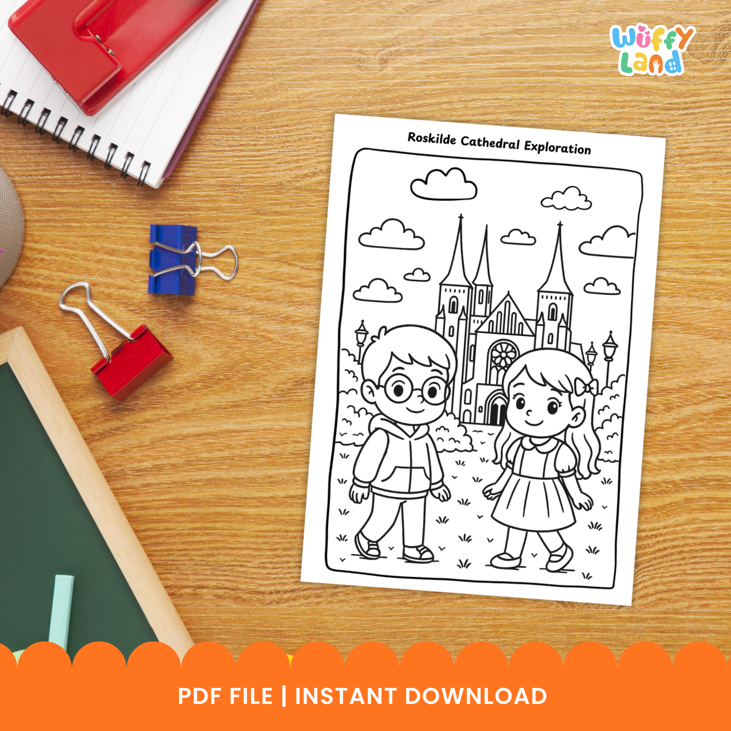 Black-and-white Denmark-themed coloring pages featuring children exploring Danish landmarks, including Aarhus Harbor with a lighthouse and Ferris wheel, Roskilde Cathedral, and the Danish Viking Ship Museum. The set includes 11 printable activity sheets for kids
