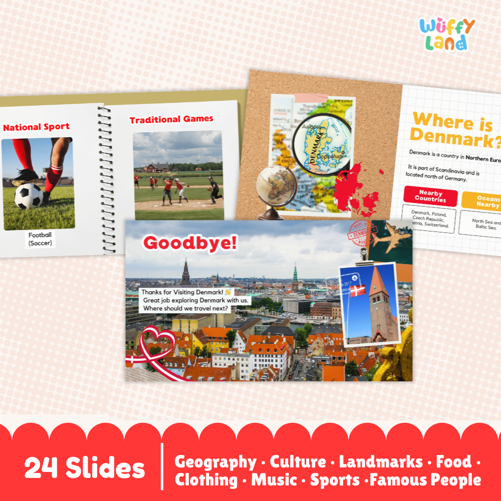 A product presentation of a children's educational slide deck titled 'Wuffiy Land' about Denmark. The image shows several sample slides arranged on a pink patterned background, including pages about national sports, traditional games, geography, and a scenic goodbye slide with a photo of Copenhagen.