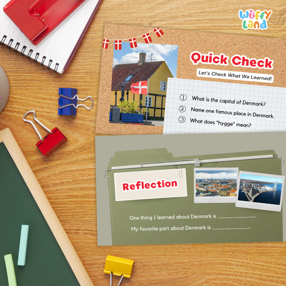 A children's educational Denmark review packet from 'Wiffy Land' displayed on a wooden desk with school supplies. The packet contains a 'Quick Check' section with multiple-choice questions about Danish capital and famous places, and a 'Reflection' section for writing thoughts.