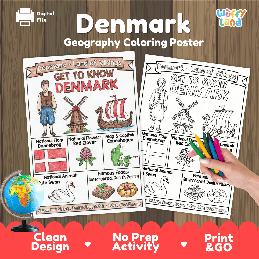 Denmark Geography Coloring Poster and Fact Sheet Printables