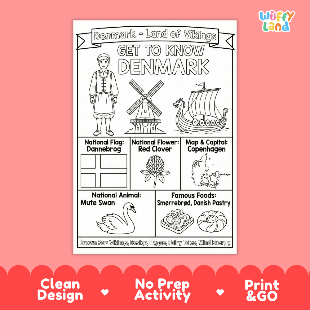 Denmark Geography Coloring Poster and Fact Sheet Printables
