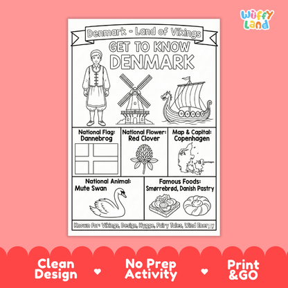 Denmark Geography Coloring Poster and Fact Sheet Printables