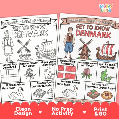 Denmark Geography Coloring Poster and Fact Sheet Printables