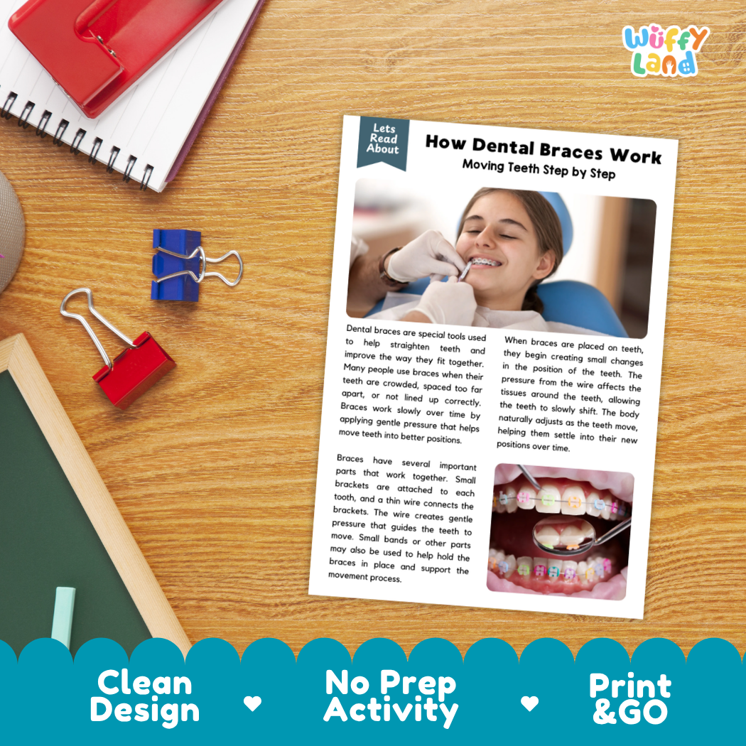 Printable student worksheet with short-answer reading comprehension questions covering dental braces and orthodontics