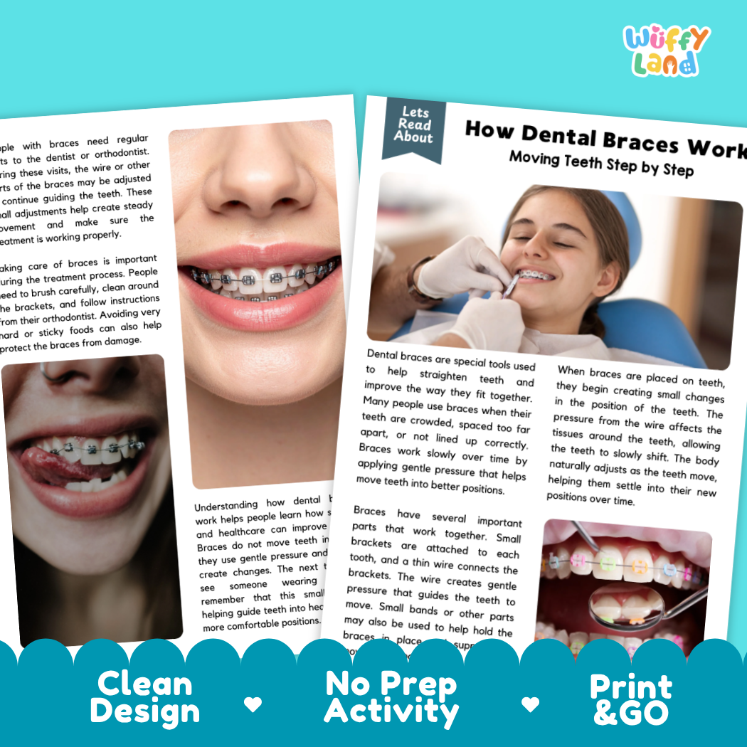 Complete teacher answer key worksheet providing detailed model responses for dental brace comprehension questions