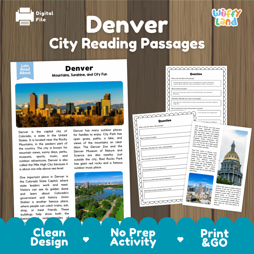 Denver city reading passages and comprehension worksheet educational unit featuring nonfiction text and authentic Denver Colorado skyline backed by the Rocky Mountains photography