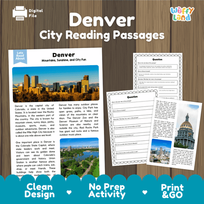 Denver city reading passages and comprehension worksheet educational unit featuring nonfiction text and authentic Denver Colorado skyline backed by the Rocky Mountains photography