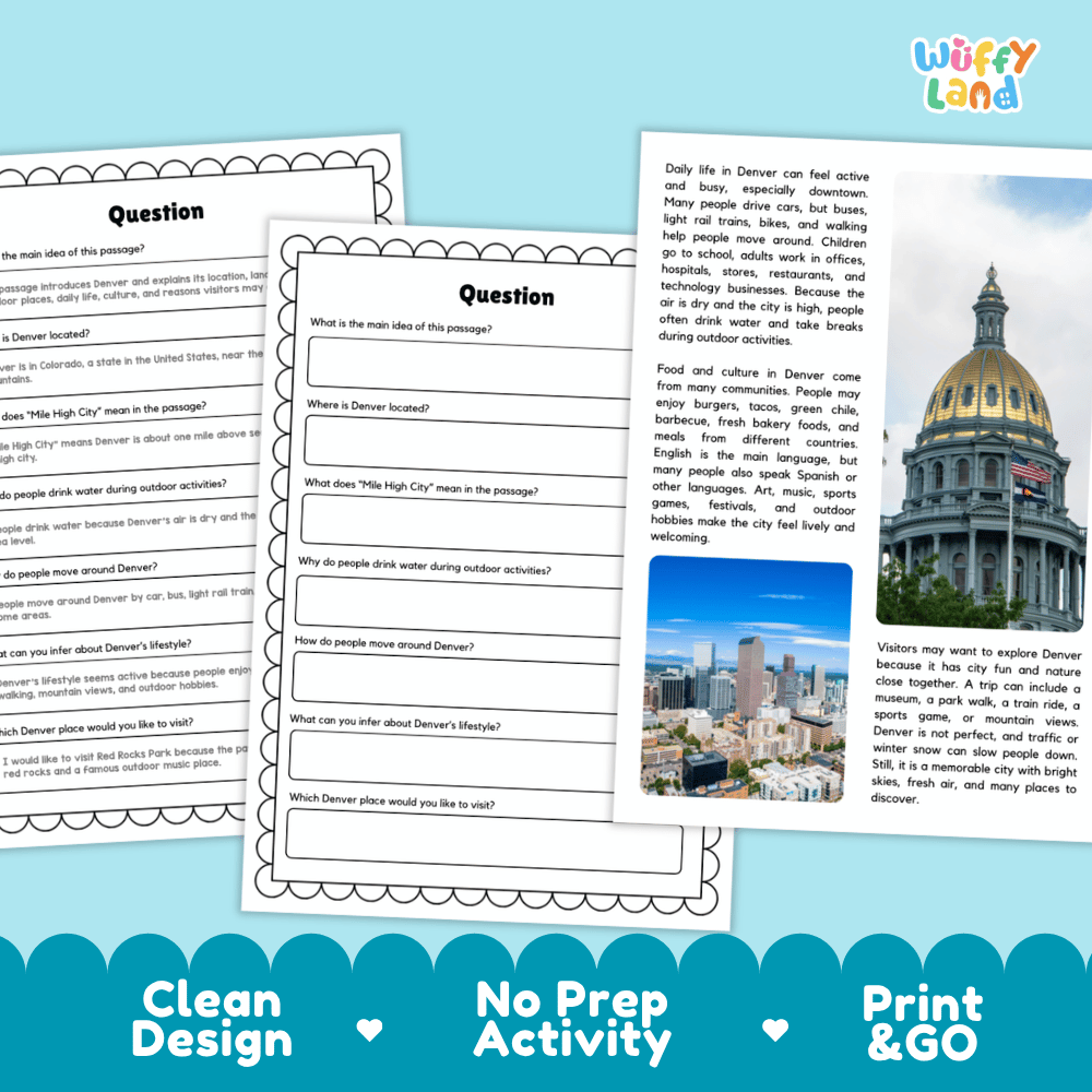 Student reading passage titled Mountains Sunshine and City Fun detailing Denver Colorado State Capitol green chile and City Park lake photography