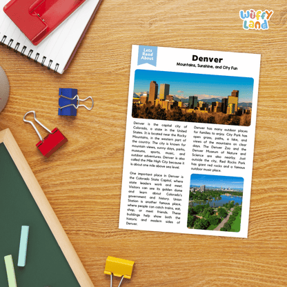 Lined reading comprehension question worksheet covering main ideas vocabulary terms Mile High City elevation facts and transit options in Denver Colorado