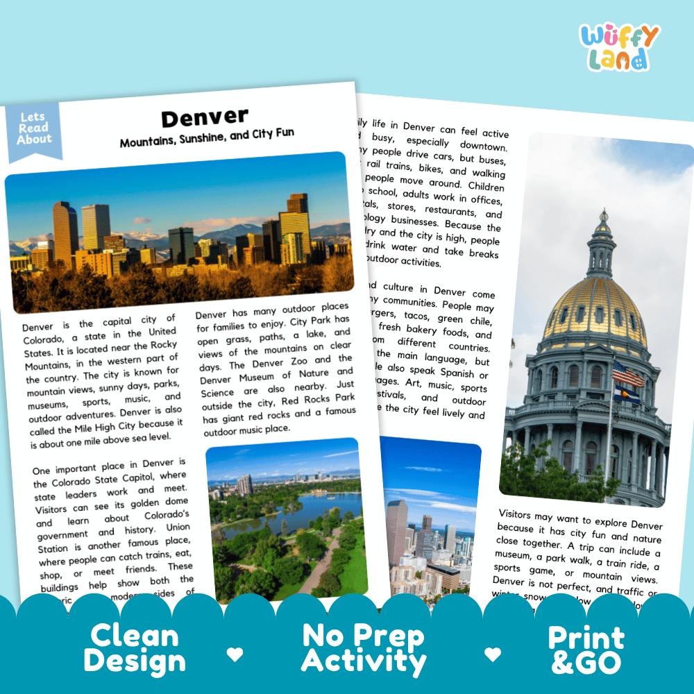Reference sheet and answer key for Denver landmark reading passage displaying completed comprehension answers and United States geography facts