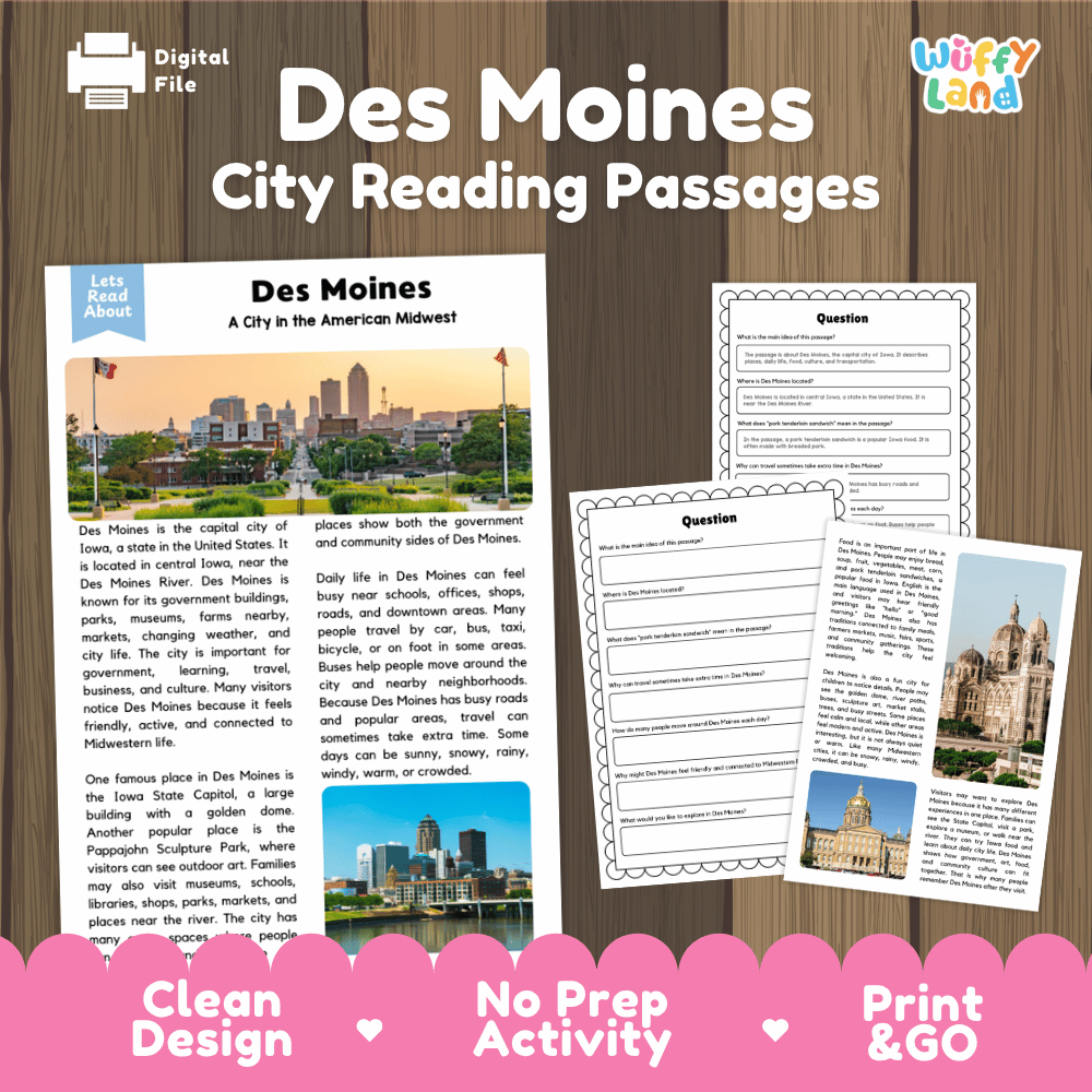 Des Moines city reading passages educational unit featuring nonfiction text and authentic Des Moines Iowa capitol and skyline photography