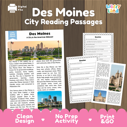Des Moines city reading passages educational unit featuring nonfiction text and authentic Des Moines Iowa capitol and skyline photography