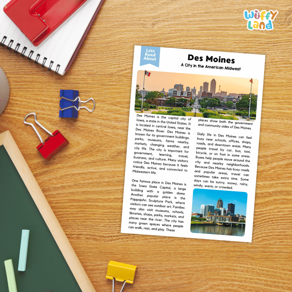 Lined reading comprehension question worksheet covering main ideas vocabulary terms and landmark facts about Des Moines Iowa