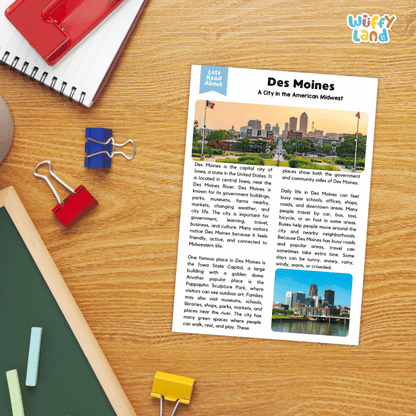 Lined reading comprehension question worksheet covering main ideas vocabulary terms and landmark facts about Des Moines Iowa
