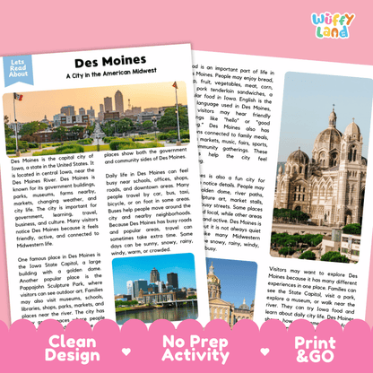 Reference sheet and answer key for Des Moines landmark reading passage displaying completed comprehension answers and United States geography facts