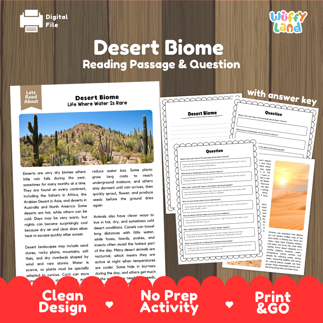 Desert Biome reading comprehension passage and questions printable activity pack with answer key for elementary students