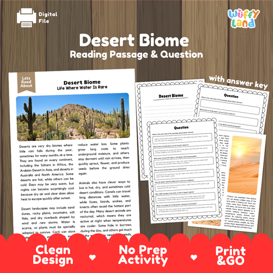 Desert Biome reading comprehension passage and questions printable activity pack with answer key for elementary students