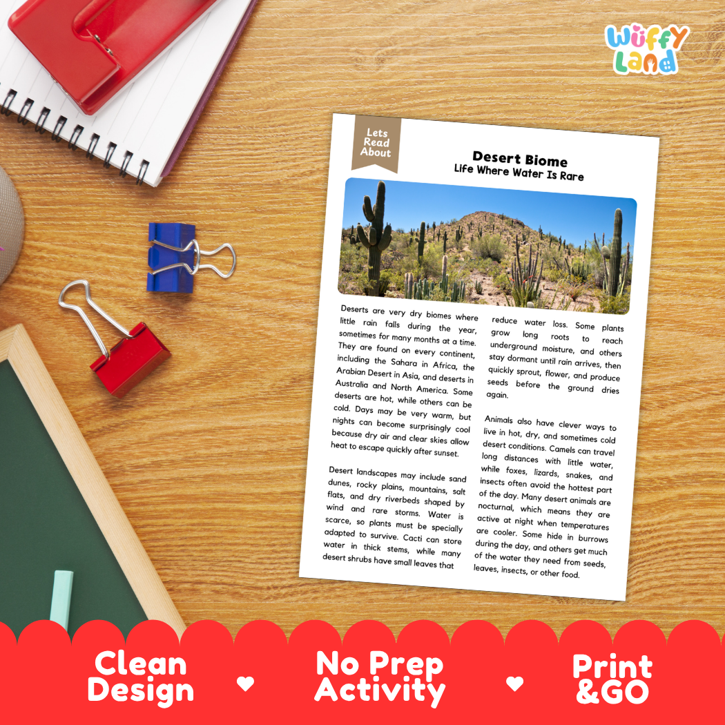 Student reading comprehension worksheet with short-answer questions and lined sections about the desert biome