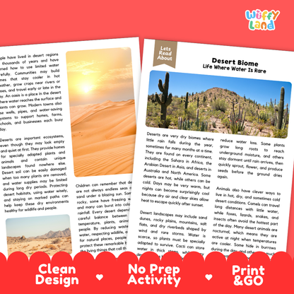 Teacher answer key page showing complete question solutions for Desert Biome Earth science and biology reading comprehension practice