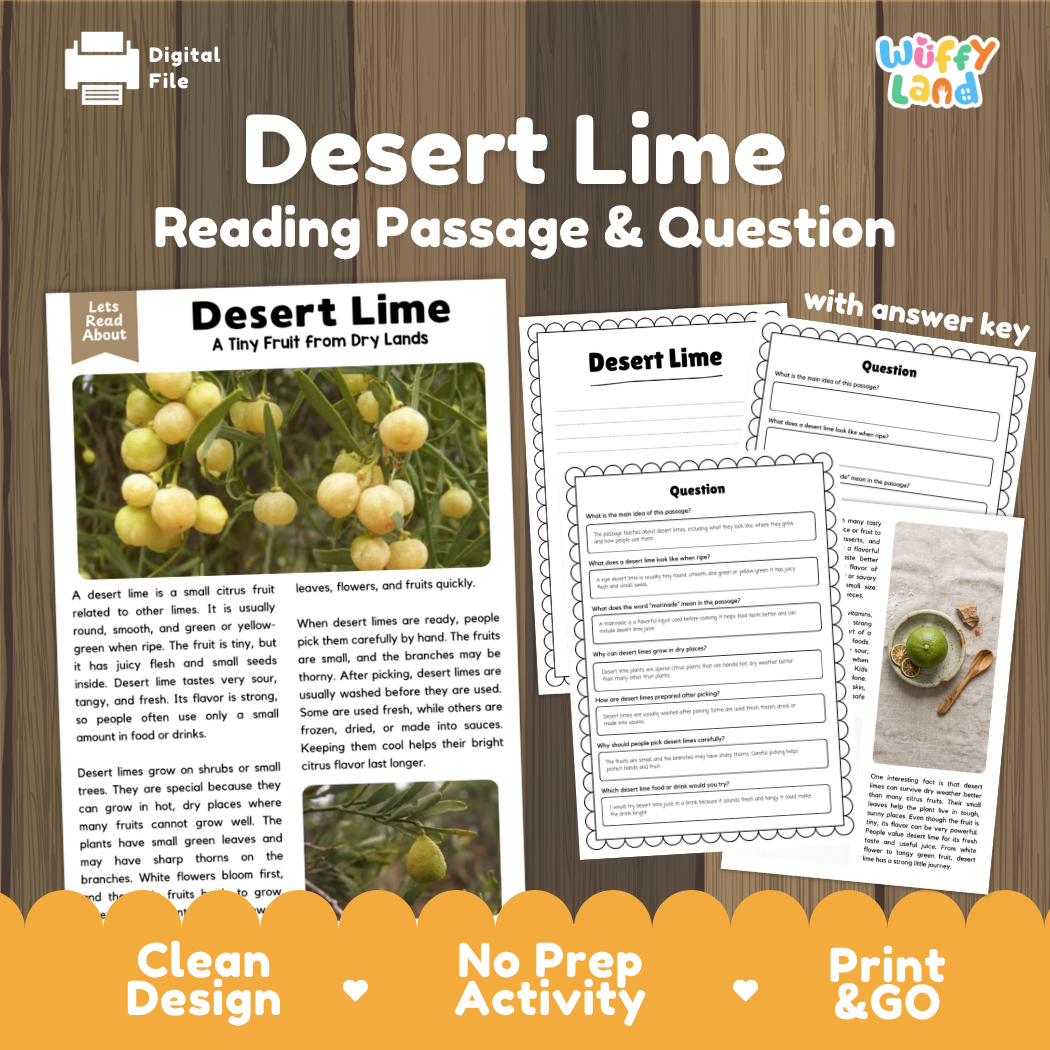 Desert Lime reading comprehension passage and questions printable activity pack with answer key for elementary students