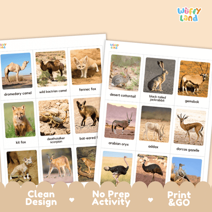 Two educational animal print-and-go activity sheets from Wiffle Land displayed on a beige background. The sheets feature colorful animal photographs with their names printed above, including camels, foxes, rabbits, and ostriches.
